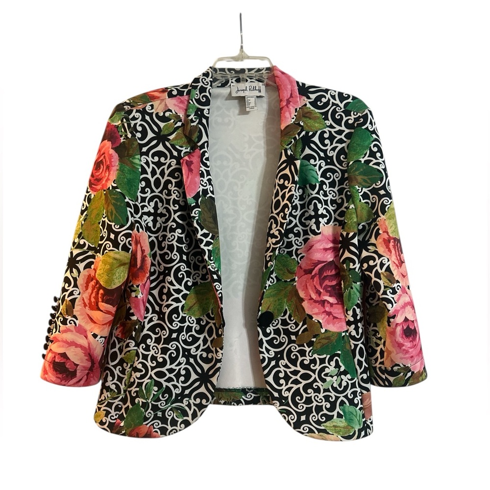 Joseph Ribkoff Fabulous Vintage Black and Pink Rose Blazer Size 12 - Picture 3 of 7